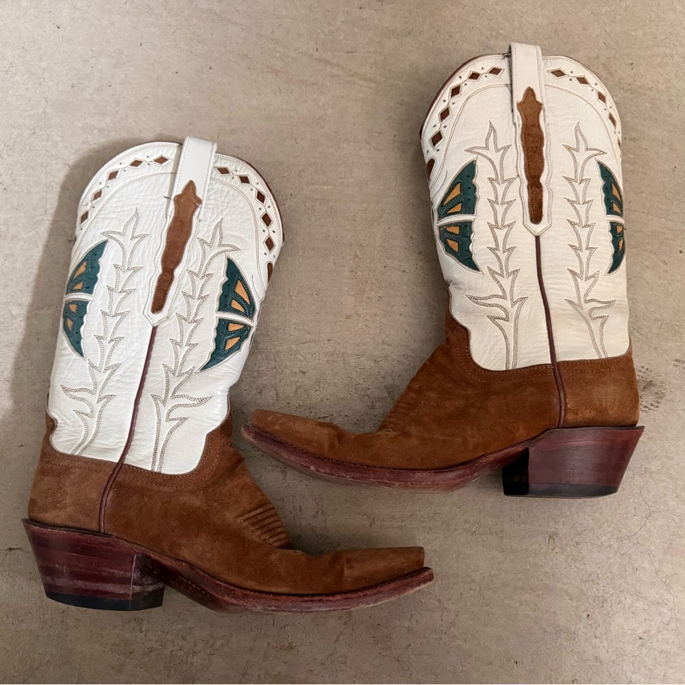 Vintage Lucchase Classics Butterfly inlay Western Boots Snip Toe Brown Suede 7A - Picture 3 of 6
